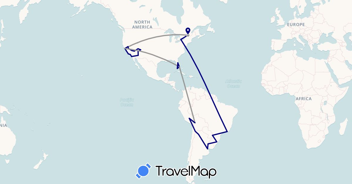 TravelMap itinerary: driving, plane in Argentina, Bolivia, Brazil, Canada, Peru, United States, Uruguay (North America, South America)