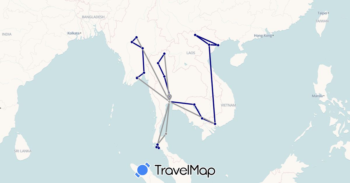 TravelMap itinerary: driving, plane in Cambodia, Myanmar (Burma), Thailand, Vietnam (Asia)